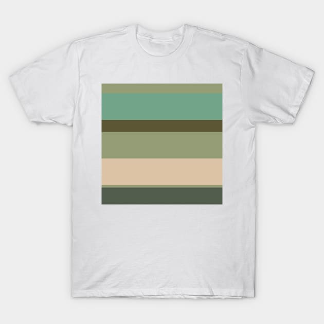 A gorgeous melt of Soldier Green, Dark Vanilla, Grey/Green, Oxley and Gunmetal stripes. T-Shirt by Sociable Stripes